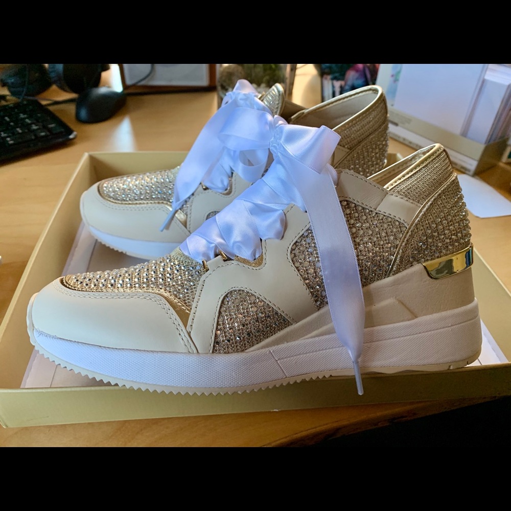 New Michael Kors gold wedge cristal sneakers